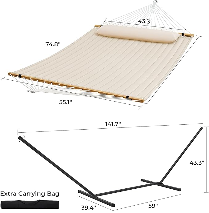 SUPERJARE Hammock with Stand 2 Person Quilted Outdoor Hammock Detachable Pillow &amp Bamboo Spreaders Portable Hammock with Carrying Bag Heavy Duty Stand Perfect for Outside Patio Cream Beige