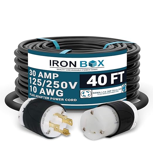 IronBox Electric NEMA L14-30P to L6-30R Plug Adapter Power Cord - 30A 10 AWG 125/250V - Heavy Duty UL Listed Power Cable for Generator Outdoor Data Centers Camper &amp More (40 ft Custom Built)