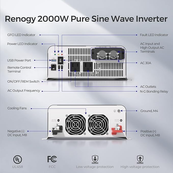Renogy Inverter PUH 2000W Pure Sine Wave Power Inverter with UPS Transfer Switch &amp Bluetooth 12V DC to 120V AC Converter for RV Truck HomeCamping - 4000W Surge Power Remote Monitoring