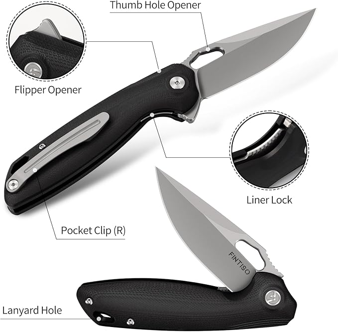 FINTISO Pocket Knife 3.38 Folding Knife Premium 14C28N Blade G10 Handle Camping Survival Hiking Knife Best Gift for Men Women Atlas Series
