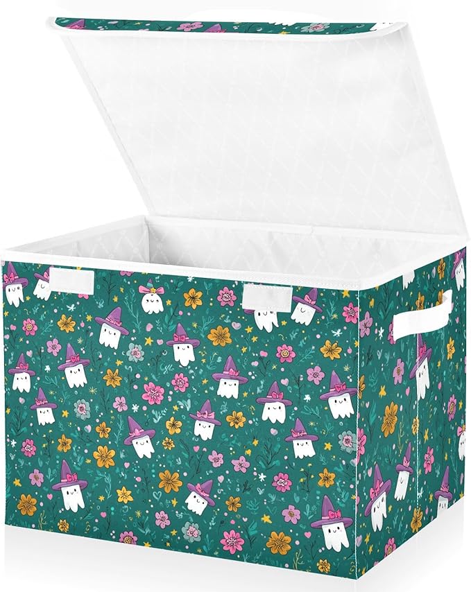 Halloween Teal Ghosties Stars Flowers Storage Box with Lid 1 PC Foldable Storage Bin with Lids Stackable Storage Bins Cube Closet Organizer Basket with Flip-Top Lid &amp Handles for Shoes Books Towel