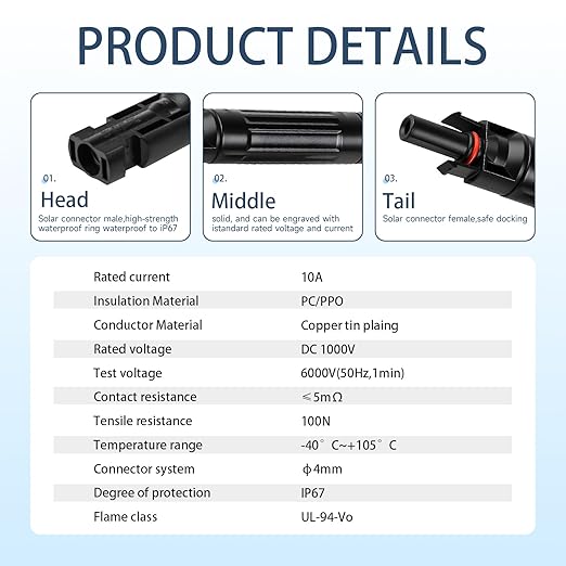 10A Solar Panel Lnline Fuses DC 1000V IP67 Waterproof Solar Fuse Holder with Male and Female Connector PV Fuse Protection Device for Solar Panel and Solar Controller (Pack of 5)