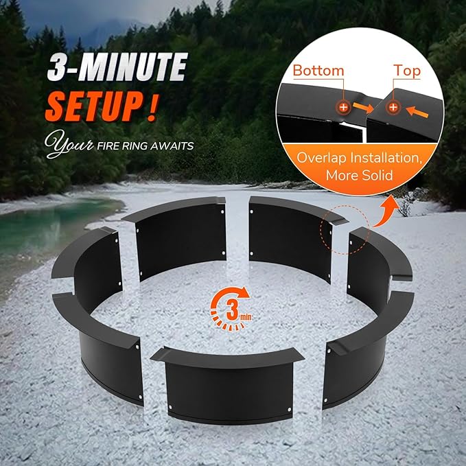 INNOSTAGE 28 Inch Fire Pit Ring (33 Inch Outer) Heavy Duty Steel Fire Ring for Outside Large Round Fire Pit Insert DIY Camping Fire Ring Above or In-Ground Black Carbon for Backyard Patio Bonfire