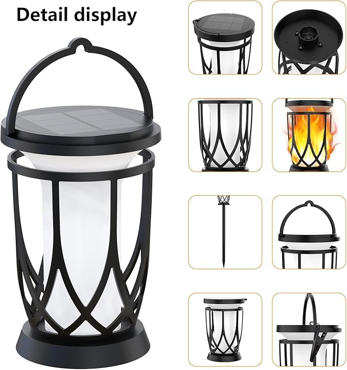 Solar Lanterns Outdoor Waterproof 2 Pack Flickering Solar Flame Lights Upgraded Hanging Flame Lantern Pathway Torch Light Table Lamp Auto On/ Off Porch Yard Gifts(2 Lighting Modes)