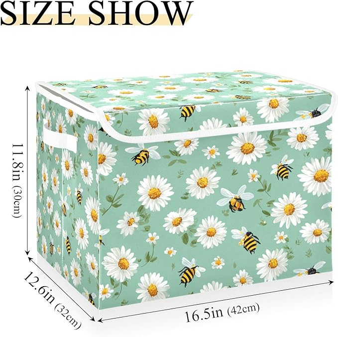 Storage Bins with Lids Storage Containers Box Organizer Bin Basket with Handles for Closet Shelves Clothes Stackable Foldable Decorative Mint Green Daisy Flowers and Bees
