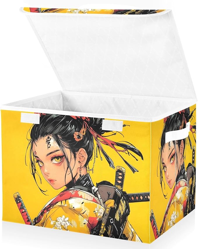 Storage Cube with Lid Fashion Samurai Print 16.5×12.6×11.8 IN Collapsible Large Capacity Foldable Storage Basket Bin Organizer