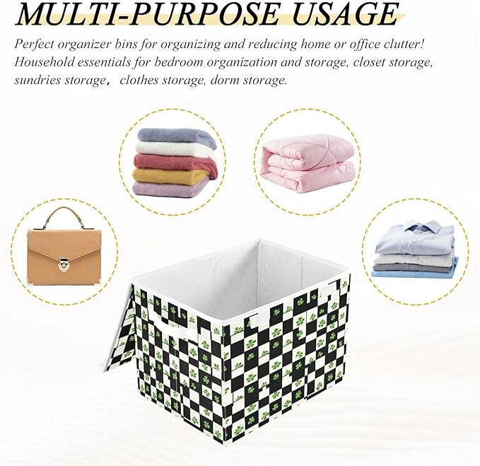Clover Checkered Pattern Fabric Storage Bins with Lids and HandleFoldable Storage Bins with LidsCloset Organizers for Clothes Storage Room Organization Office Storage Chest Organizer