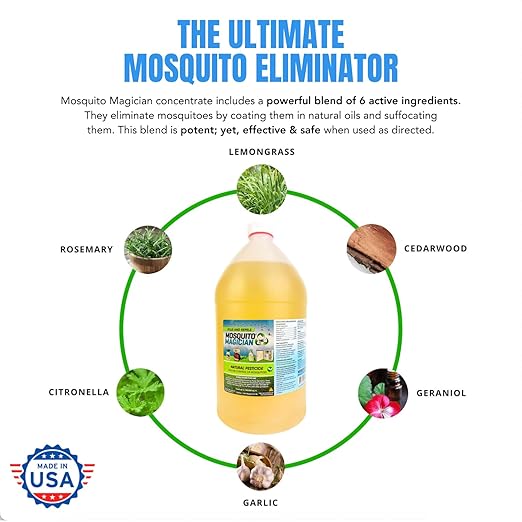 Mosquito Magician 1 Gallon Liquid Concentrate &amp 15L Battery Operated Backpack Sprayer - User-Friendly - for Yards Lawns Patios - Kills Mosquitoes Fleas Fire Ants - with 6 Natural Essential Oil