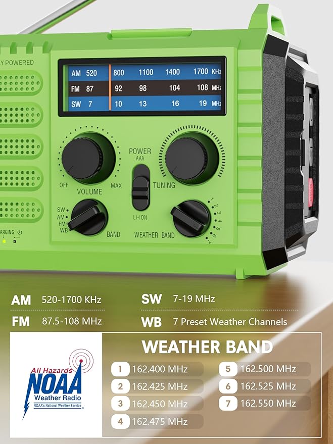 Raynic Weather Radio 5000mAh/18500mWh Solar Hand Crank Emergency Radio Battery Powered AM/FM/SW/NOAA Weather Alert Radio with Flashlight Cell Phone Charger and SOS Siren for Power Outages (Green)