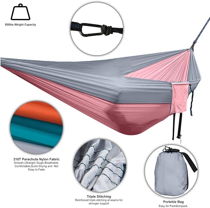 Double Camping Hammock Portable Indoor Outdoor Tree Hammock with 2 Hanging StrapsLightweight Nylon Parachute Hammocks for Backpacking Travel(Grey/Pink)