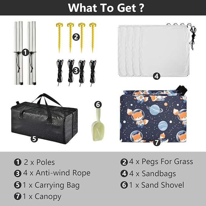 ALAZA Astronaut Fox Planet Beach Tent Sun Shelter UPF50+ Protection Beach Shade Canopy w/ 4 Sandbags for Outdoor Camping Fishing Backyard Fun Picnic 10x9 ft