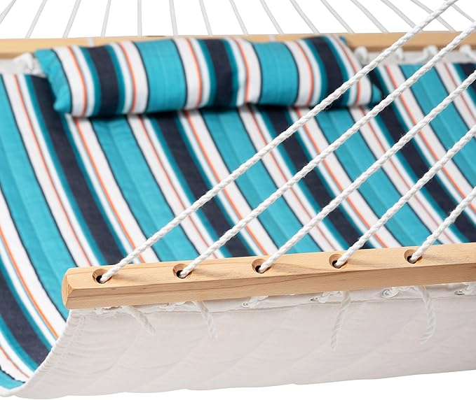 Lazy Daze Hammocks 12 FT Sunbrella Fabric Quilted Hammock Double Sunbrella Quilted Hammock with Spreader Bars &amp Pillow All Weather and Fade Resistant for Outdoor 450 lbs Capacity Token Surfside