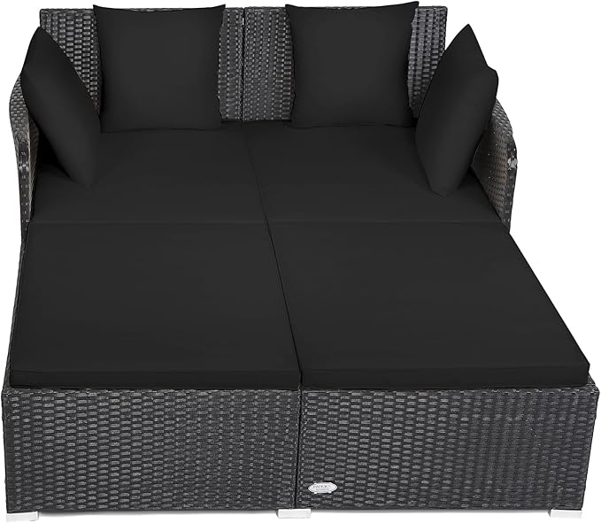 Tangkula Outdoor Rattan Daybed Wicker Furniture with Spacious Seat Upholstered Cushion &amp High-Resilience Sponge Patio Sofa Set with 4 Pillows 2-Person Sunbed for Poolside Backyard Garden &amp