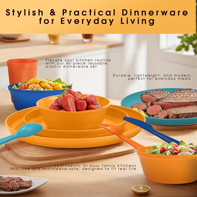 40 Piece Plastic Dinnerware Set for 8 with Cutlery Unbreakable Plates and Bowls Set Dishwasher &amp Microwave Safe Reusable Dish Set for Camping RV Outdoor Kitchen Apartment DiningTropic Multic