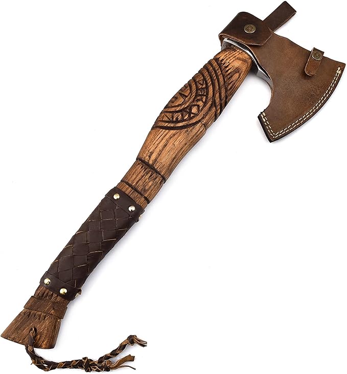 Gentry Choice Engraved Viking Axe Hatche – Hand Forged Blade Ash Wood Handle Leather Wrapped Grip Cowhide Sheath Double Head Design