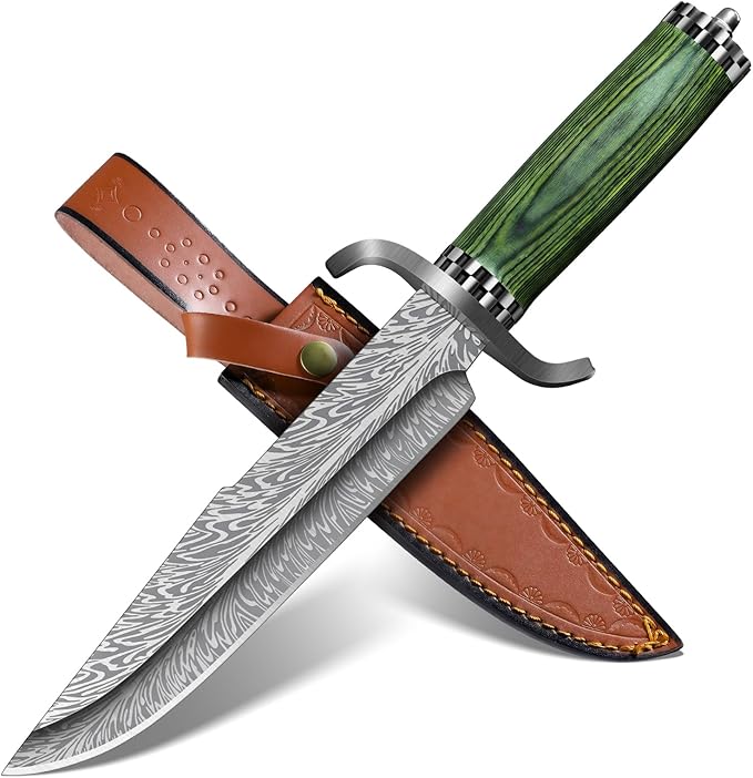 Purple Dragon Fixed Blade Knife with SheathCamping Knife with Damascus-Style Blade Pattern Damascus Knife with Green Pakkawood Handle for BushcraftSurvival&ampOutdoor Use