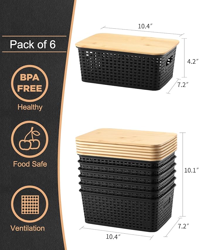 AREYZIN Storage Bins with Bamboo Lids Set of 6 Lidded Storage Container Plastic Baskets Organizer Bins for Organizing Kithen Room Bedroom Office Closet Sturdy(Black)