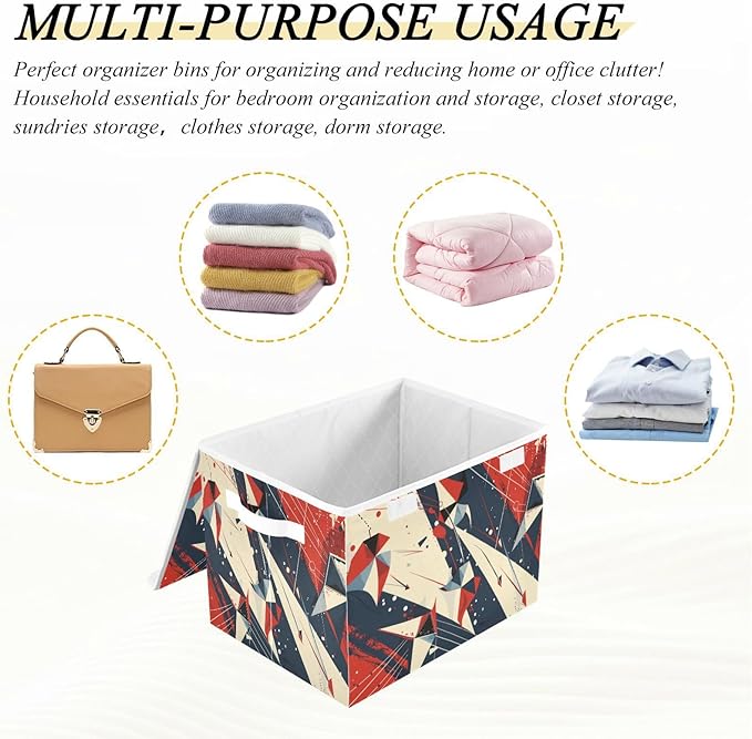 Storage Bins With Lid Stackable Fabric Closet Organizer Clothing Storage Large Boxes For Closet Shelves Bedroom Red Blue Angular Abstract