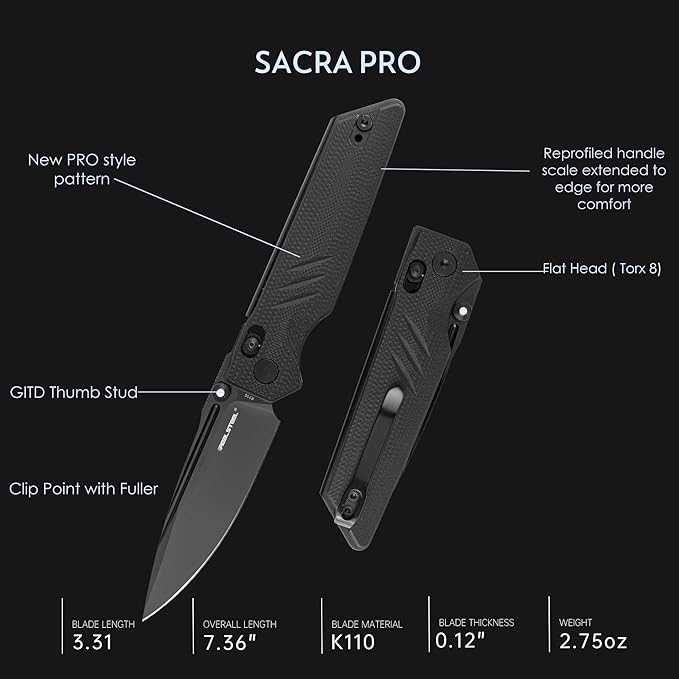 REALSTEEL SACRA Pro Pocket KnifeFolding KnifeCrossbar Lock3.31 Böhler K110 Steel BladeGlow-in-the-dark Thumb Stud Nail NickG10 Handle2.75ozClipEDC Outdoor IndoorGifts for Men Women Camping H