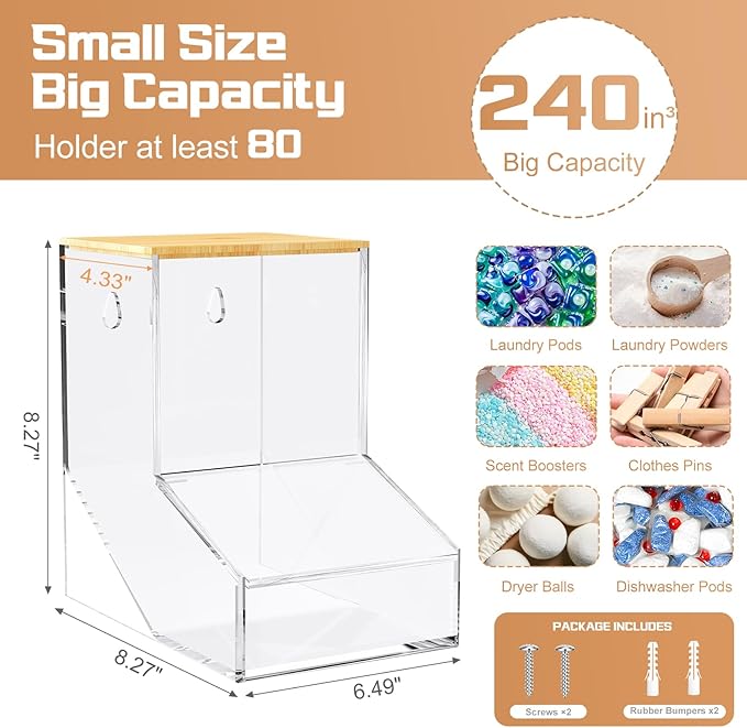 JYPS Laundry BoxAcrylic Dishwasher Pod Holder with 2 LidsPowder DispenserDrying BallsBeadsSoap Organizer for Room Table/Wall MountedSnack Candy Storage (1pcs-bigger)