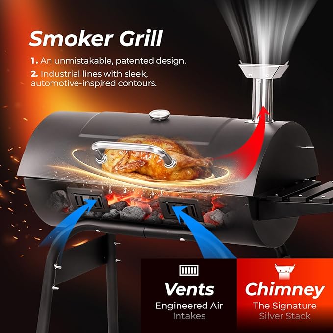 VINGLI Upgraded Barrel Charcoal Grill with 2 Sides Table BBQ Grill Outdoor Smoker with Wheels for Party Garden Patio and Backyard Cooking 39''D × 24''W × 46''H (Upgraded Grill w/Side Table)