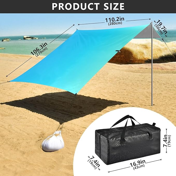 Light Blue Gradient Beach Tent &amp Canopy UPF50+ Waterproof Portable Sun Shelter with Sand Shovel for Family Trips Picnics &amp Camping