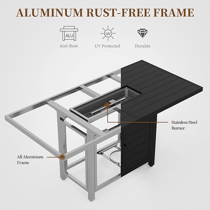 PIZZELLO 60 Inch Propane Firepit Table - Outdoor Rectangular Aluminum Fire Table w/Wind Guard - 50000 BTU Gas Fire Pit with Glass Beads and Waterproof Cover