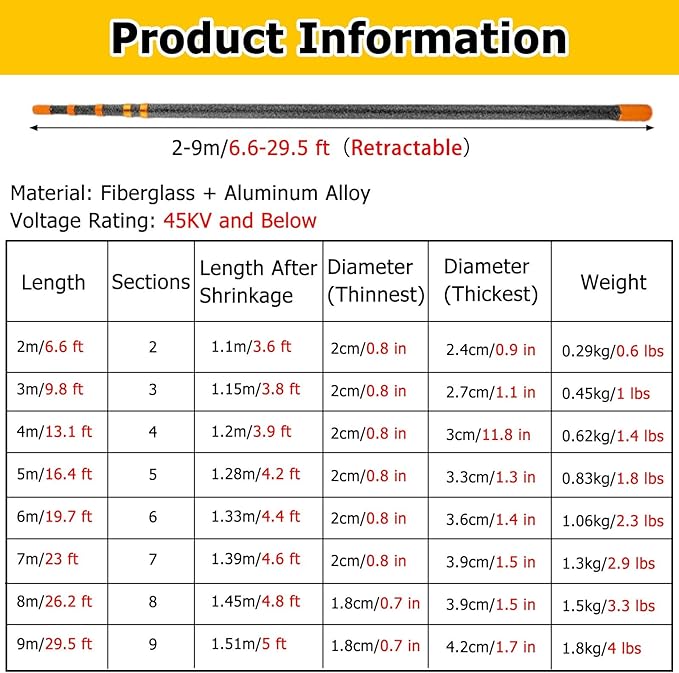 45KV Insulated Line-Supporting Pole 6.6-29.5ft Fiberglass Telescopic Pole Insulation Pick Rod