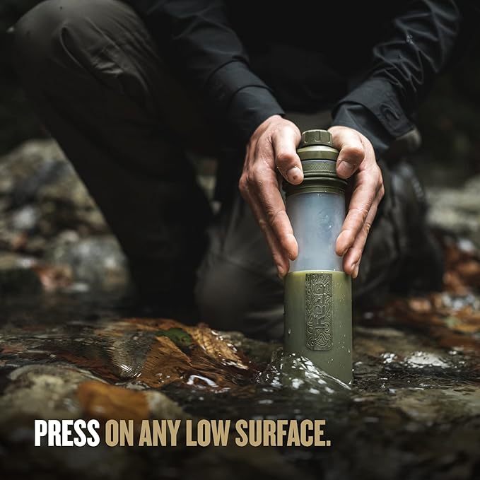 GRAYL UltraPress 16.9 oz Water Purifier &amp Filter Bottle for Hiking Backpacking Survival Travel (Olive Drab)