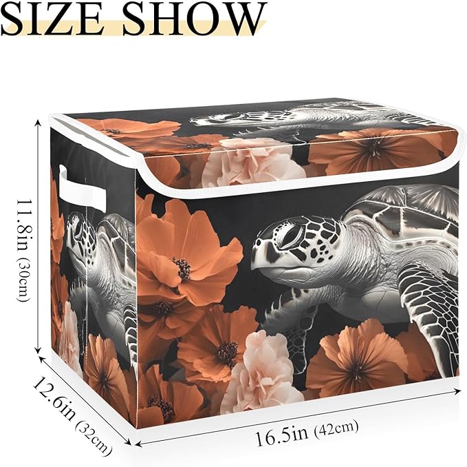 Storage Cube with Lid Sea Turtle Floral Print 16.5×12.6×11.8 IN Collapsible Large Capacity Foldable Storage Basket Bin Organizer