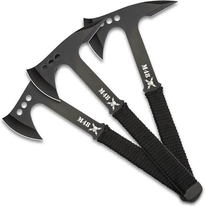 M48 Pro Throwing Axe Set and Sheath - Three-Pieces 3cr13 Stainless Steel Blade Cord-Wrapped Handles - Length 10 3/4”