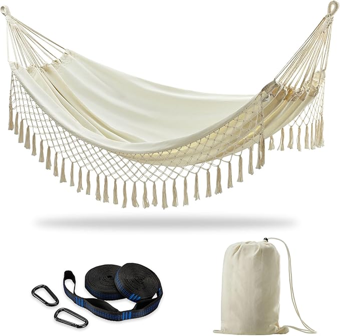CHULIM Brazilian Double Hammock with Tree StrapsExtra Large 94x63IN2 Persons Hammock for Backyard Patio Outdoor Indoor450lbs Weight CapacitySoft Woven Cotton Fabric - Natrual White with Tassels