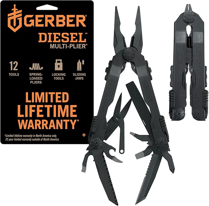 Gerber Gear Diesel Multitool Needle Nose Pliers Set 12-in-1 EDC Multi-Tool Knife Survival Gear and Equipment Black