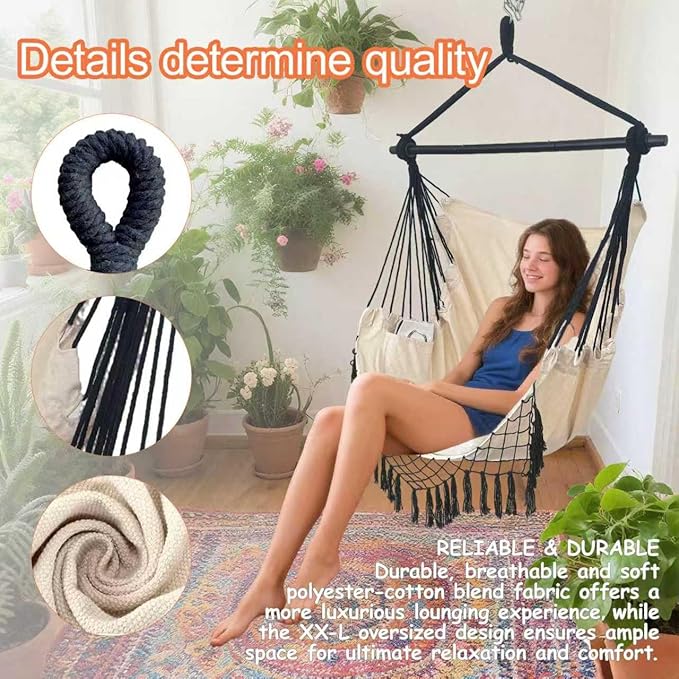 Hammock Chair Hanging Rope Swing ChairMax 450 Lbs Large Hanging Chair with Pocket 2 Cushions Removable Steel Bar Hardware Kit Included Sturdy and Comfortable for Indoor Outdoor (Beige)