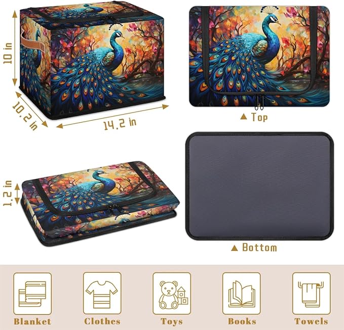 Clothes Storage Bins with Metal Frame Animal Peacock Storage Boxes with Zipper Lids Collapsible Cube Clothing Storage Bag with Leather Handle Closet Clothes Organizer Container