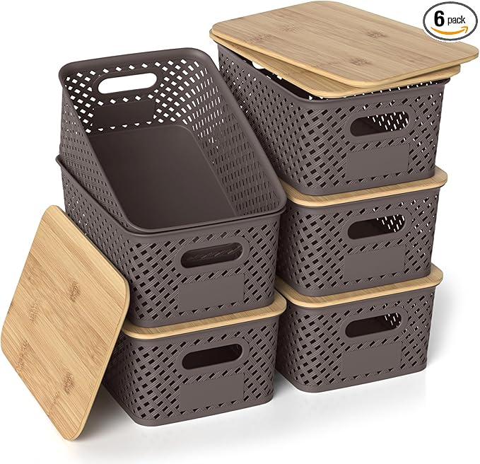 Plastic Storage Bins with Bamboo Lids Stackable Small Box Baskets for Organizing and Containers for Shelves Drawers Desktop Closet Pantry Classroom Office Home 6 Pack 10.2x7.2x4.1 Inch Brown