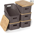 Plastic Storage Bins with Bamboo Lids Stackable Small Box Baskets for Organizing and Containers for Shelves Drawers Desktop Closet Pantry Classroom Office Home 6 Pack 10.2x7.2x4.1 Inch Brown