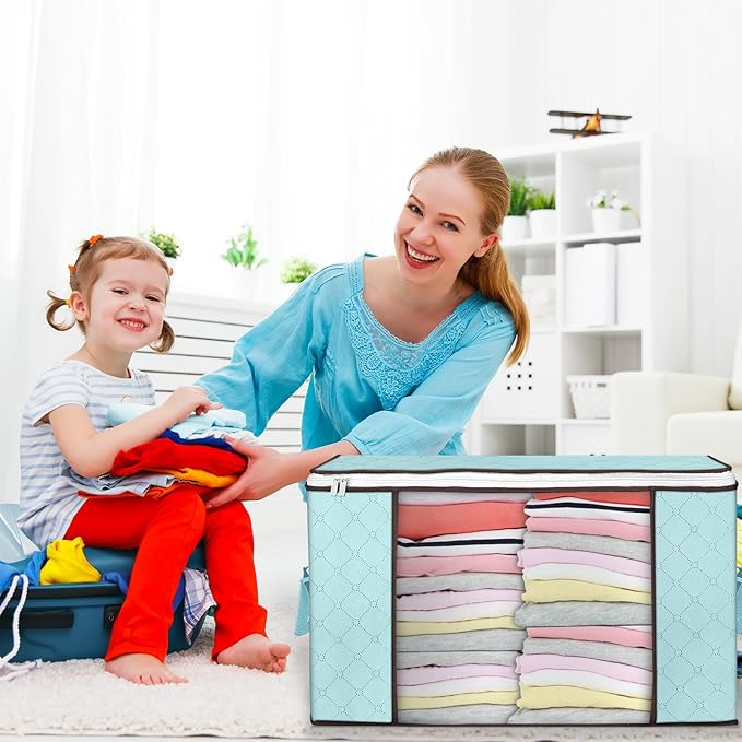 Budding Joy 90L Large Storage Bags 8 Pack Clothes Storage Bins Foldable Closet Organizer Storage Containers with Durable Handles Storage and Organization Blanket Pillows and Toys (Blue)