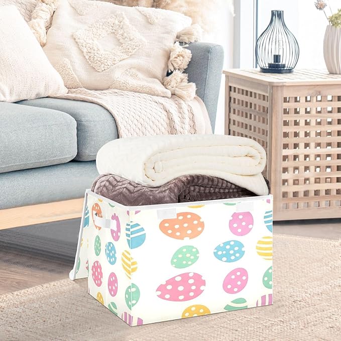 Christmas Storage Baskets with Lids Colorful Easter Eggs Collapsible Bins Stackable Fabric Linen Baskets Closet Organizer Container 16.5x12.6x11.8