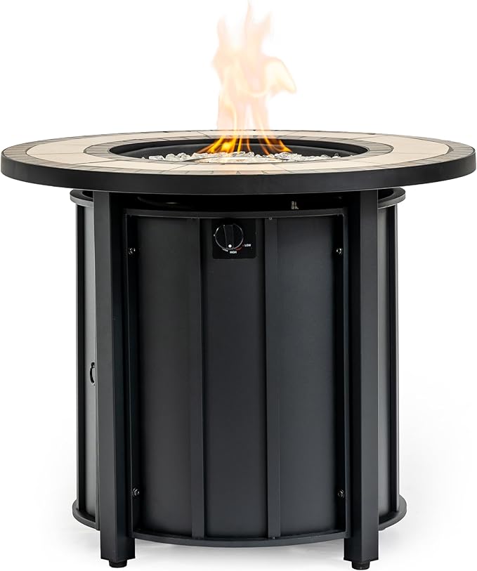 30'' Marble Ceramic Round Propane Fire Pit Table 50000 BTU Gas FirePit for Outdoor Fire Table with Lid Warmth &amp Ambience to Gatherings and Parties On Patio Deck Garden Backyard Black.