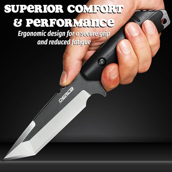 OERLA OLX-004 Tactical Survival Knife with Kydex Sheath Outdoor Fixed Blade with Belt Clip 420HC Steel Blade Camping Knife with G10 Handle