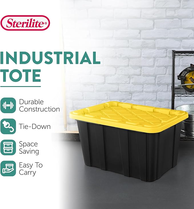 Sterilite 8-Pack 27 Gallon Industrial Storage Tote Heavy-Duty Plastic Bins Black/Yellow - Stackable Utility Organizers with Lids for Garage Camping Tools and Outdoor Gear