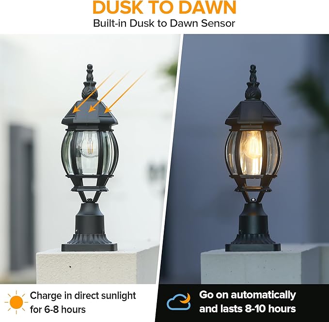 LUTEC Solar Post Light With Pier Mount Base Dusk to Dawn Aluminium Lamp Exterior Black Solar Powered Fence Waterproof for Outside