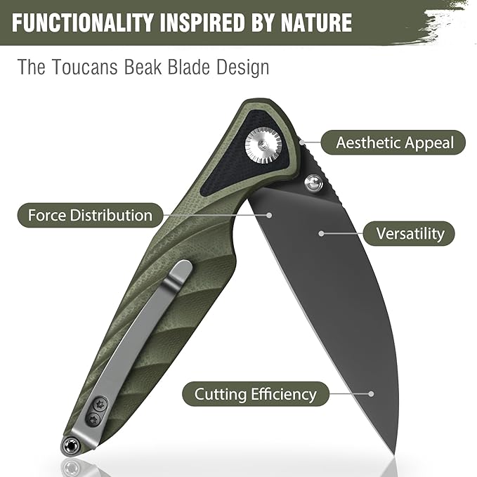 FINTISO Pocket Knife 3.15 Folding Knife Premium 14C28N Blade Bicolour Green and Black G10 Handle Design with Liner Lock Pocket Clip for Men Women Small EDC Knife for Camping Hunting Hiking Survi