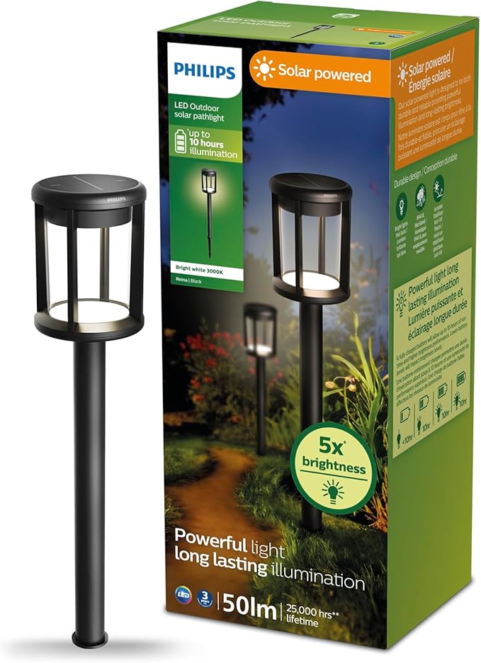 Philips LED Reina Outdoor Solar Pathlight 1-Pack Long-Lasting Solar Powered LED Light Bright White Light 3000K 50 Lumens Ground Spot IP44 Black