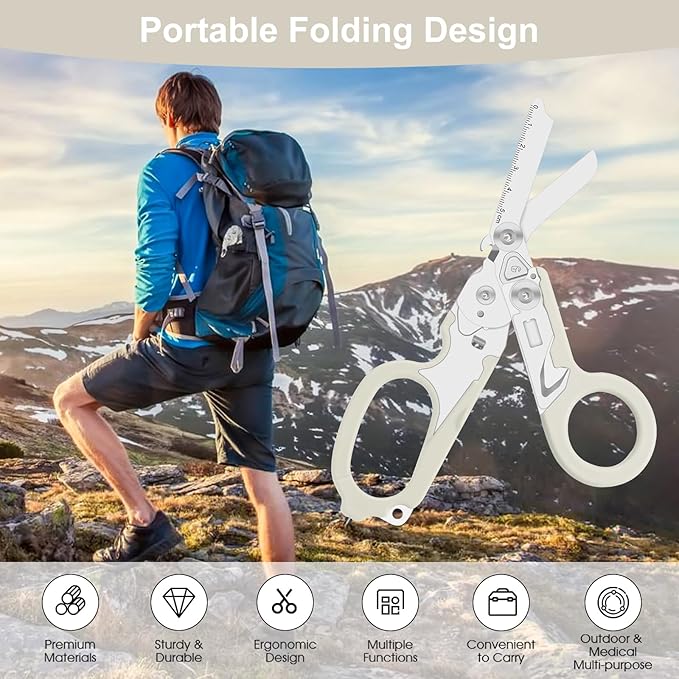 6 in 1 trauma shears folding emergency shear Outdoor Camping Tools Seat Belt Cutter Oxygen Cylinder Wrench Complimentary Adjustable Wrench (Luminous Silver)