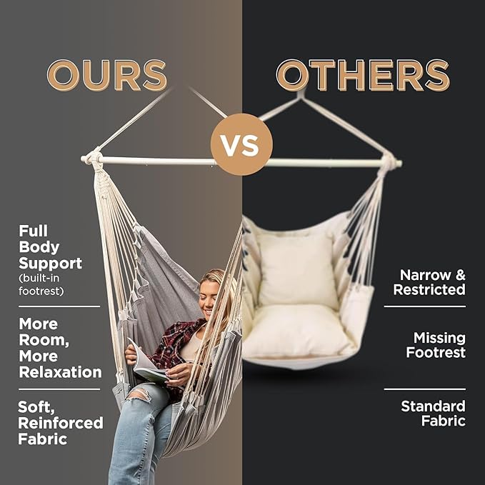 Hanging Hammock Chair Swing – Hanging Chair Outdoor &amp Indoor - Hammock Swing Chair – Quick &amp Easy Setup with Hardware Kit – Durable &amp Spacious Full Body Support with 2 Plush Cushions – Hol