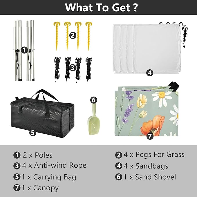 xigua Wildflowers Beach Tent Sun Shelter with Carrying Bag - Silver Coated Oxford Fabric Beach Canopy for Beach Camping Fishing - Includes Windproof Ropes Sandbags &amp Stakes