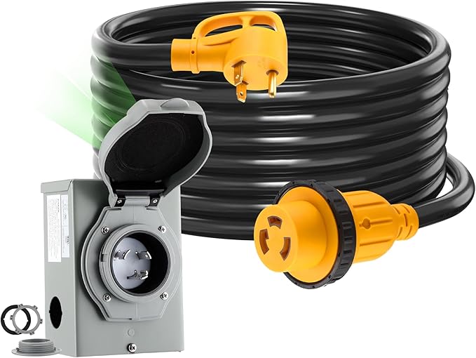 Kanayu 20FT 30 Amp RV Generator Cord and Power Inlet Box Compatible with NEMA TT-30P to L5-30R Lock Generator Extension Cord with LED Indicator Pre-Drilled L5-30P Generator Inlet Box ETL Listed