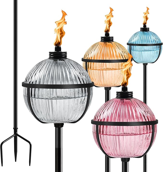 Citronella Torches Set of 4 Large Capacity 16 oz Outdoor Glass Torch Garden Décor58.6 - Inch Upgraded Citronella Torches with 3-Prong Grounded Stake for Yard Patio Gatherin